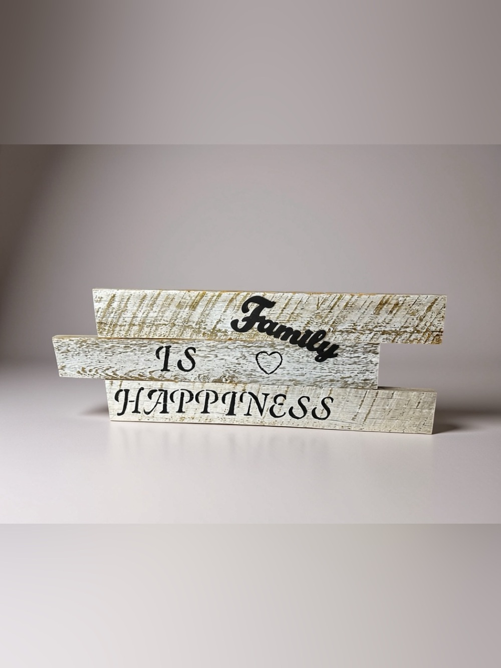 Homemade Wooden 'Family Is Happiness' Sign - Whitewashed with Black Lettering
